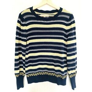Loft Ann Taylor Women's Medium Navy Gold Shimmer Striped Cotton Sweater